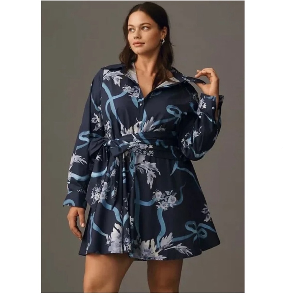 Anthropologie Navy Floral Tie-Waist Mini Dress